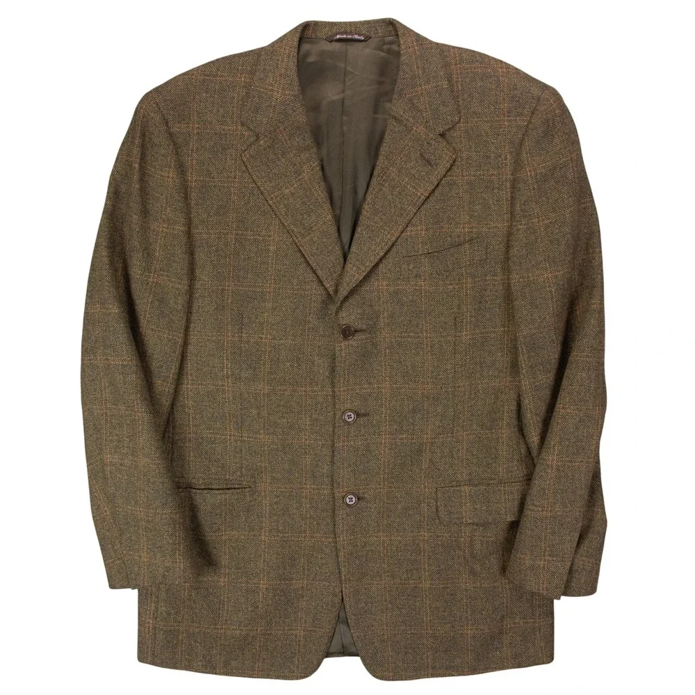 VTG Canali Mens 42R Brown Windowpane Wool Plaid‎ Blazer Jacket Sport Coat Italy